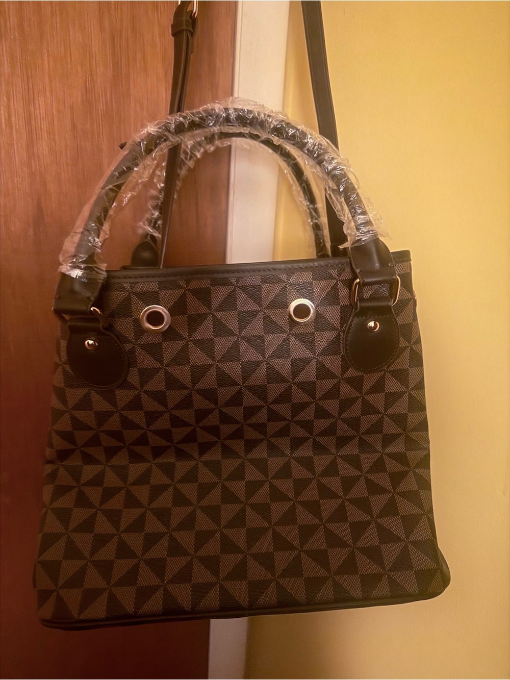 Geometric Pattern Brown Tote Bag with Black Trim